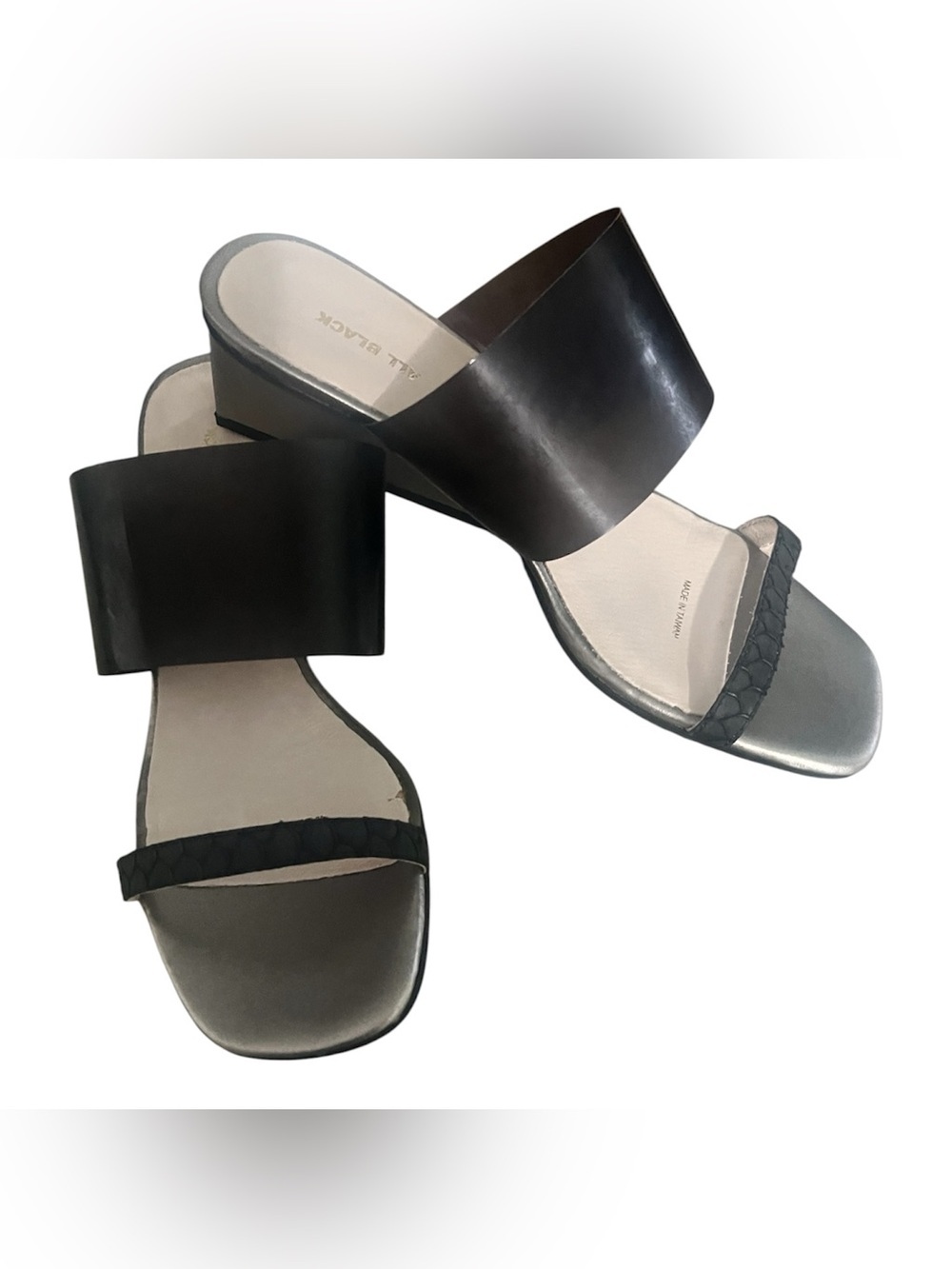 ALL BLACK Transparent Wide Strap Slide Wedge Sandals Metallic Silver EU 40 NWOT